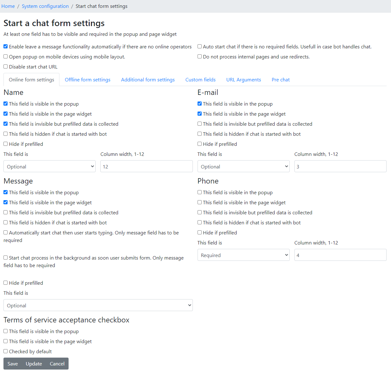 Start chat form settings